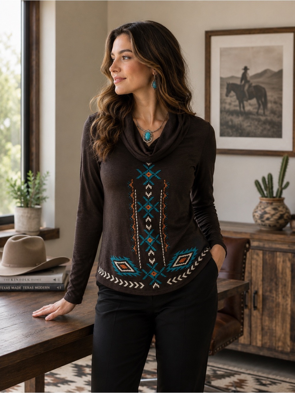Roper Brown Cowl-Neck Southwestern Print Sweater